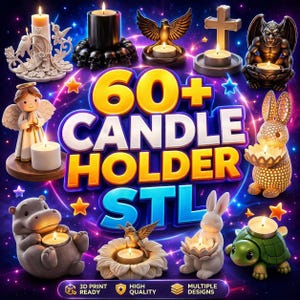 Puede incluir: Una imagen vibrante que muestra varios portavelas, incluyendo diseños de ángeles, gárgolas y animales. La imagen presenta el texto "60+ CANDLE HOLDER STL" con iconos que indican la preparación para la impresión 3D, alta calidad y múltiples diseños. Los portavelas están encendidos, creando un brillo cálido.
