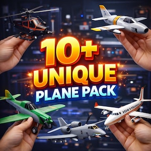 May include: A selection of toy aeroplanes and a helicopter are displayed against a blurred background. The image includes the text "10+ UNIQUE PLANE PACK" in large, colourful letters. The planes are in various colours and designs.