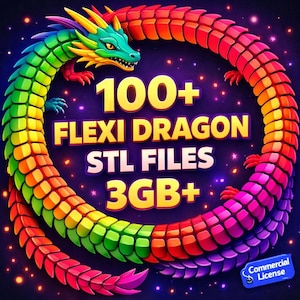 Może przedstawiać: Kolorowy, stylizowany smok z tekstem "100+ FLEXI DRAGON STL FILES 3GB+". Smok ma okrągły kształt, z zieloną głową i ciałem przechodzącym przez kolory tęczy. W prawym dolnym rogu widoczna jest odznaka licencji komercyjnej.