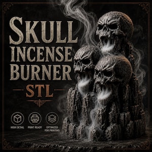 May include: A dark, detailed incense burner shaped like three stacked skulls, with smoke billowing from their mouths. The text "SKULL INCENSE BURNER STL" is displayed above the skulls. The design is optimized for printing.