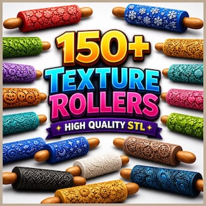 Può includere: Una collezione di mattarelli testurizzati con vari disegni, tra cui motivi floreali, fiocchi di neve e geometrici. L'immagine presenta il testo "150+ TEXTURE ROLLERS HIGH QUALITY STL". I mattarelli hanno manici in legno.
