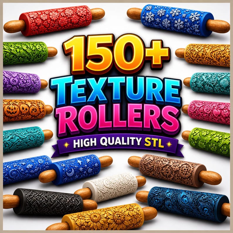 May include: A collection of textured rolling pins with various designs, including floral, snowflake, and geometric patterns. The image features the text "150+ TEXTURE ROLLERS HIGH QUALITY STL". The rolling pins have wooden handles and are displayed on a white background.