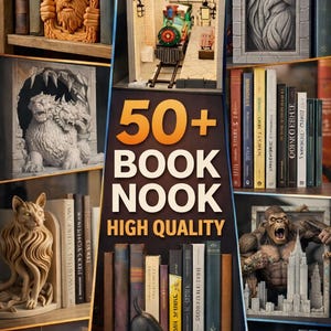 Könnte beinhalten: Eine Darstellung von aufwendig gestalteten Bücher-Ecken und dekorativen Buchstützen. Das Bild zeigt verschiedene Themen, darunter eine Zugszene, ein Fabelwesen und einen Gorilla mit Stadtkulisse. Der Text "50+ BOOK NOOK HIGH QUALITY" ist ebenfalls sichtbar.