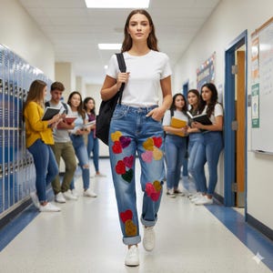 May include: A woman wearing a white t-shirt and blue jeans with colorful heart patches. She is carrying a black backpack and white sneakers. Other people are in the background in a school hallway.