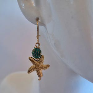 Green Conch Shell & Gold Star Dangle Earrings • Starfish Design • 14K Gold Filled Wire