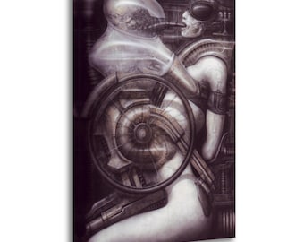 May include: A canvas print of a surreal, biomechanical artwork. The image features two figures, one encased in a transparent helmet, the other with goggles. A large, circular, cog-like structure is central to the composition, with intricate mechanical details.