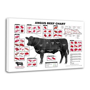 May include: Angus beef chart on a white background. The chart features a black cow illustration with labeled cuts of meat. Various cuts of beef are displayed in red, with percentages indicating the yield from each section.