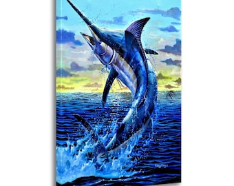 Ocean Jumping Blue Marlin Fishing Canvas Wall Art Poster Picture Print Living Room Walls Decor Home Posters