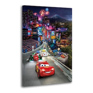 May include: A canvas print featuring a vibrant scene from the animated movie Cars. The image showcases a race with several cars speeding down a track in a brightly lit city at night, with fireworks and a mountain in the background.