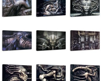 May include: A collection of nine rectangular canvas wall art prints featuring H.R. Giger-inspired biomechanical surrealist imagery in shades of black, gray, and silver, depicting intricate alien figures, organic machinery, and complex textures.