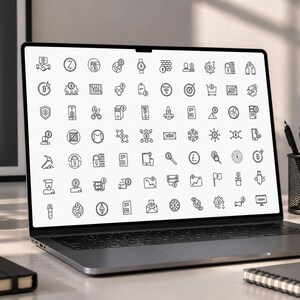 May include: A laptop screen displaying a grid of black and white line art icons related to cryptocurrency and blockchain technology. The icons include various symbols such as coins, digital wallets, mining tools, and network nodes arranged in rows.