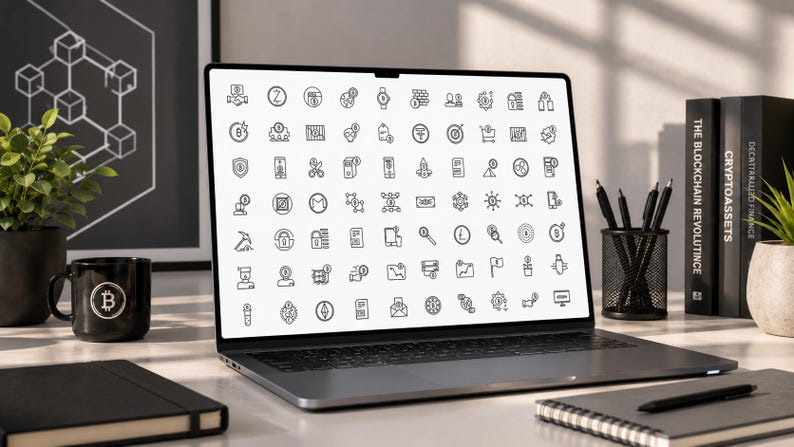 May include: A laptop screen displaying a grid of black and white line art icons related to cryptocurrency and blockchain technology. The icons include various symbols such as coins, digital wallets, mining tools, and network nodes arranged in rows.