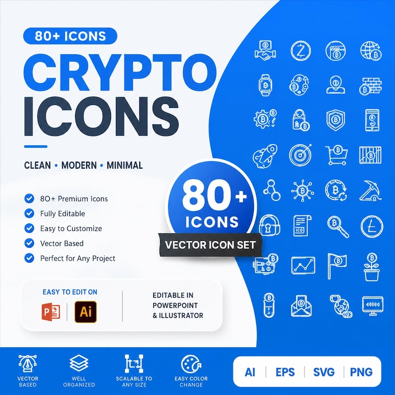May include: A digital graphic display featuring 80+ crypto icons in a white and blue color scheme. The text reads 80+ ICONS CRYPTO ICONS, VECTOR ICON SET, and lists features like fully editable and vector based, with AI and PowerPoint logos.