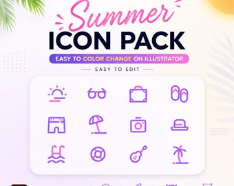 Summer Icon Pack | ai, eps, svg & Adobe XD | Editable  icons | Easy Color Change
