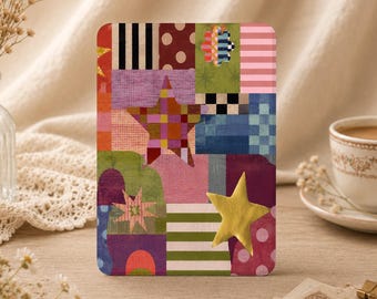 Colourful Stars Patchwork Art Print Kindle/Kobo Case(6/7 inch) for Paperwhite 12/11th Gen, Colorsoft, Kindle 10th Cover with Strap, Monogram