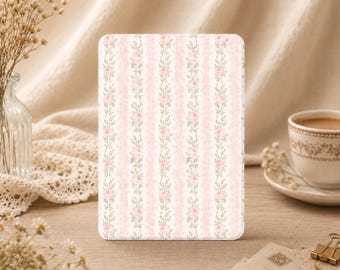 Dainty Pink Stripe Floral Print Kindle/Kobo Case(6/7in) for Paperwhite 12/11th Gen, Colorsoft, Kindle 10th Cover with Strap, Custom Monogram
