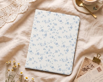 Ditsy Blue Blossoms Cute iPad Case with Pencil Holder Cover for Air 11/13 inch, iPad 9/10/11th Gen A16 11 inch, iPad Pro 12.9", Mini 4/5/6
