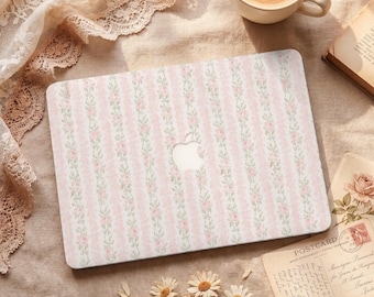 Dainty Pink Stripe Floral Print MacBook Protective Case Laptop Hard Cover for 2026 Neo 13 Air 15/13/11 Pro 16/15/14/13 inch M5 M4 M3 M2 M1