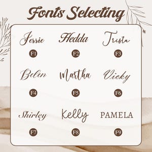 May include: A font selection chart featuring the heading Fonts Selecting and nine distinct brown text styles labeled F1 through F9. Each label displays a name written in a specific typeface, including Jessie, Hedda, Trista, Belen, Martha, Vicky, Shirley, Kelly, and PAMELA.