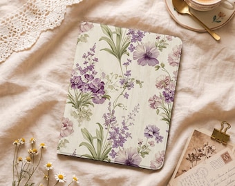 Purple Floral Botanical Art iPad Case with Pencil Holder Cover for Air 11/13 inch,iPad 9/10/11th Gen A16 11 inch, iPad Pro 12.9", Mini 4/5/6