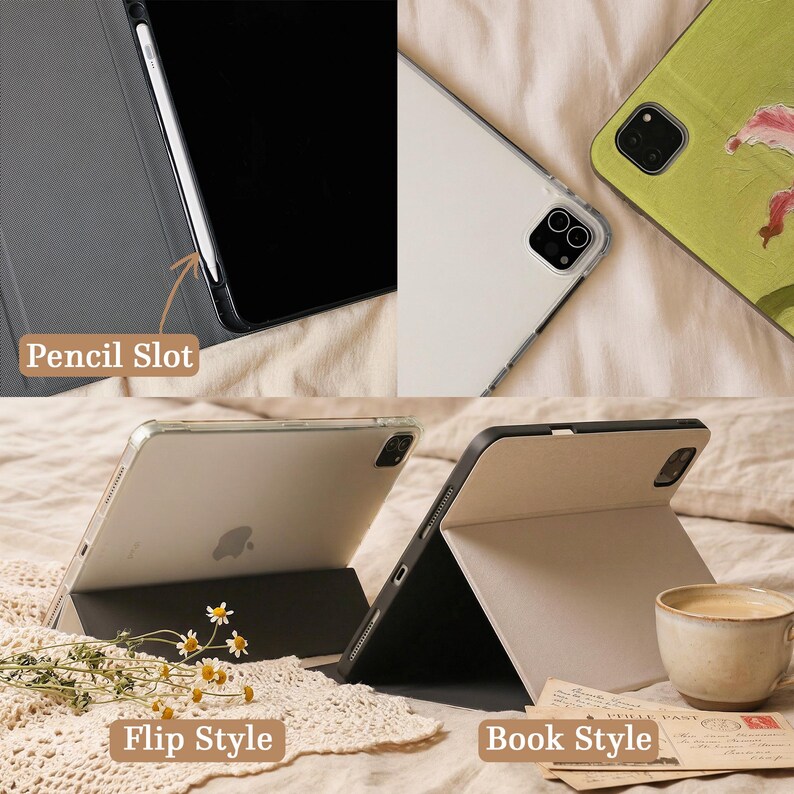 May include: A tablet case featuring a pencil slot, a flip style stand, and a book style stand. The case is shown in black and a light green floral pattern. The tablet is positioned in a clear protective shell with a camera cutout on the back.