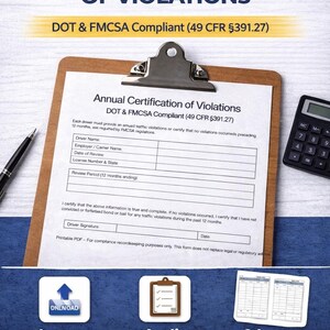 Dot Driver Annual Certification of Violations | Fmcsa Form | 49 Cfr §391.27 Printable Pdf