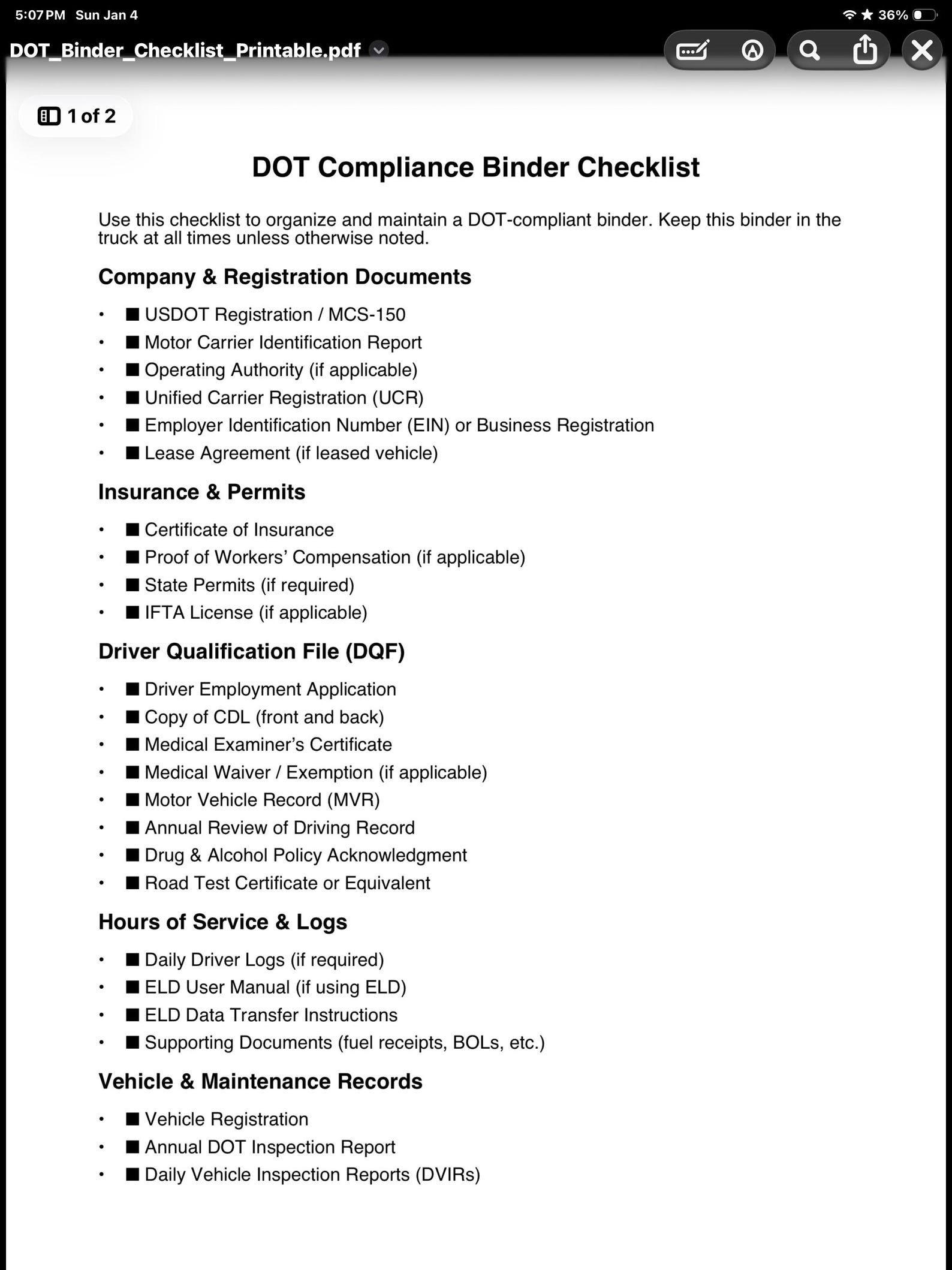 DOT Binder Checklist Printable | Truck Driver Audit Prep | FMCSA ...
