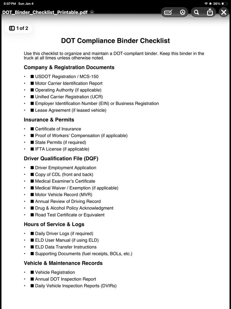 DOT Binder Checklist Printable | Truck Driver Audit Prep | FMCSA ...