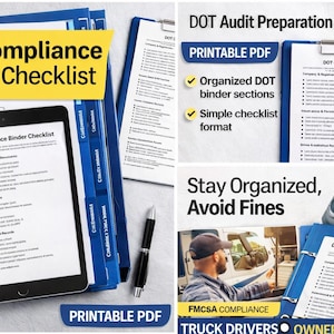 Puede incluir: Imagen de una lista de verificación del archivador de cumplimiento DOT. La imagen incluye una tableta que muestra la lista de verificación, carpetas azules y el texto "DOT Compliance Binder Checklist" y "Printable PDF".