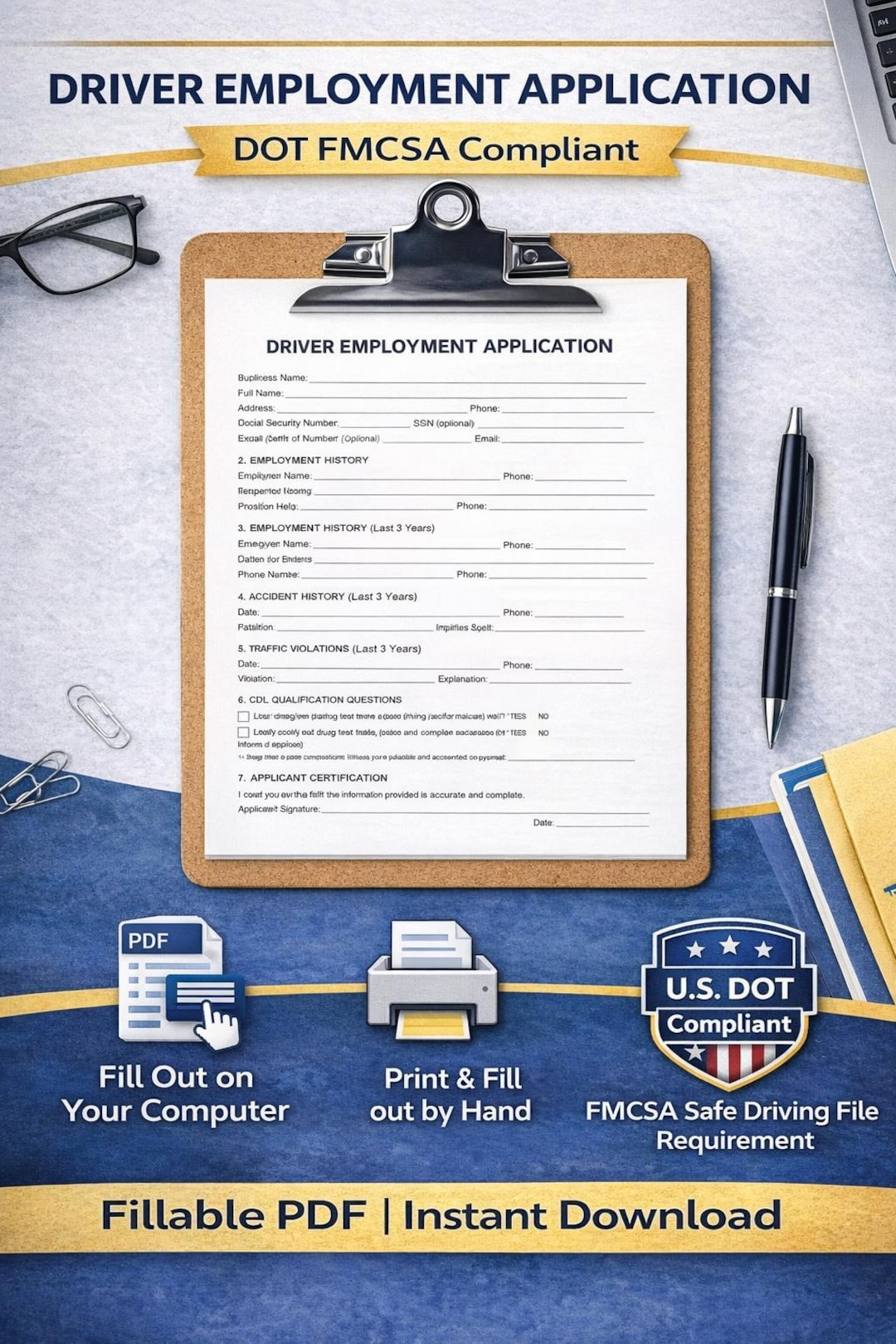 Fmcsa Forms.pdf Driver Employment Application – DOT FMCSA Compliant – 1-page Fillable ...