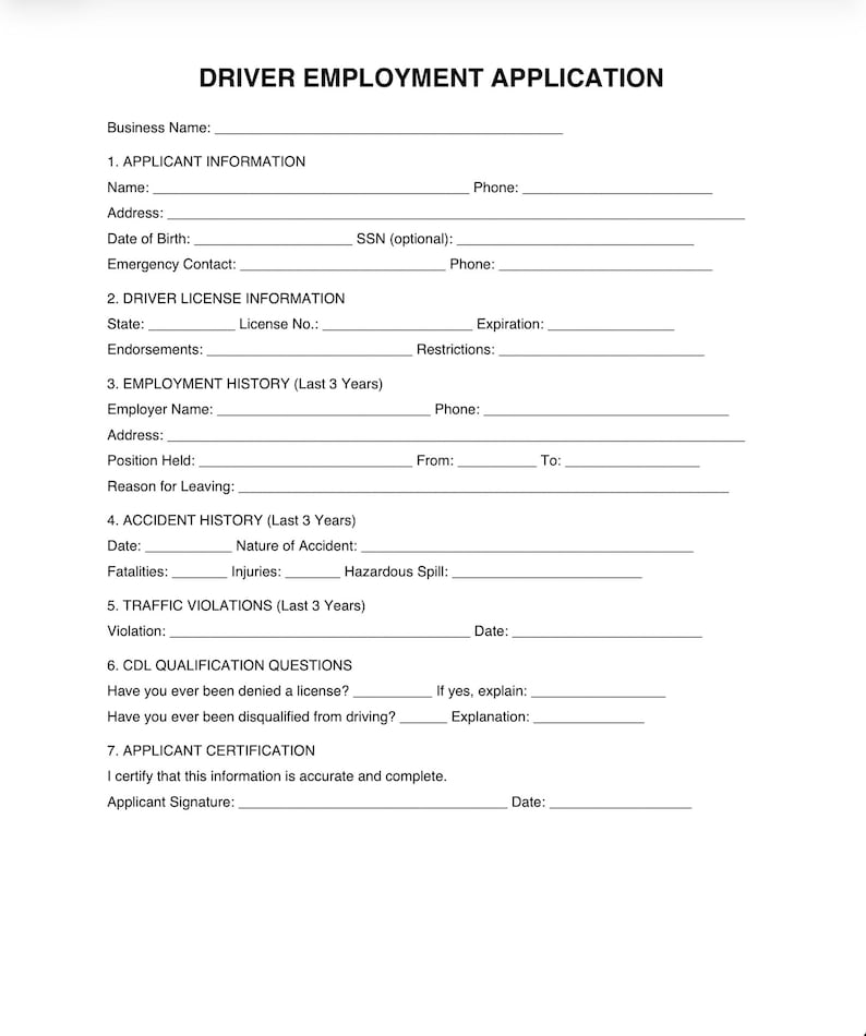 Fmcsa Forms.pdf Driver Employment Application – DOT FMCSA Compliant – 1-page Fillable ...