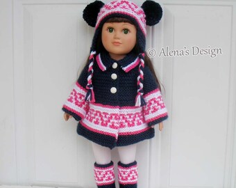 Knitting Pattern #207 for 18 inch Doll | Coat Boots Ear Flap Hat | Dolls Clothes Patterns