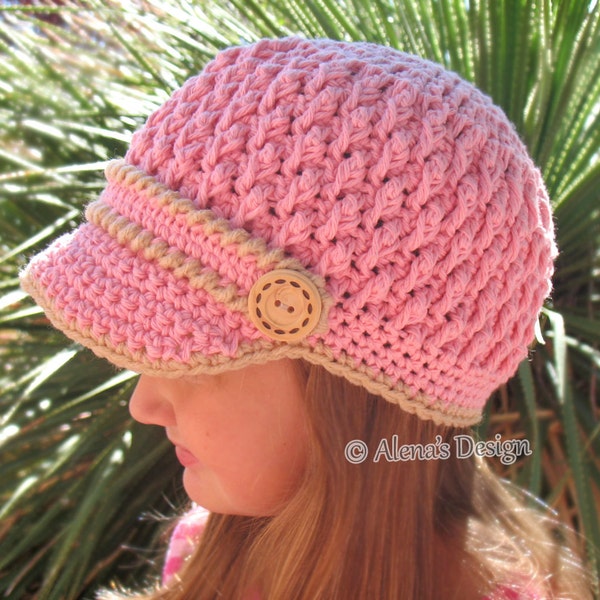 Crochet Pattern 093 Crochet Hat Pattern Crochet Patterns Two-Button Visor Hat Boys Girls Children Teens Adults Women Men Newsboy Cap Pink