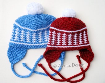 Knitting Hat Pattern 017 Pom-Pom Ear Flap Hat Winter Knit Hat Baby Boy Baby Girl Toddler Child Unisex Adult Hat Christmas Gift Red White