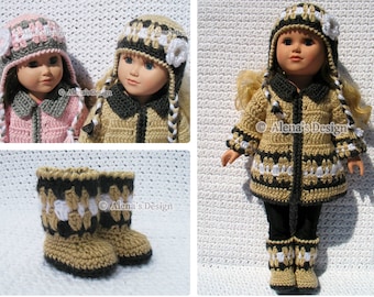 18 inch Doll Clothes Crochet Patterns American Doll Crochet Pattern Jacket Boots Ear Flap Hat Dolls Sweater Christmas Gift for Girl