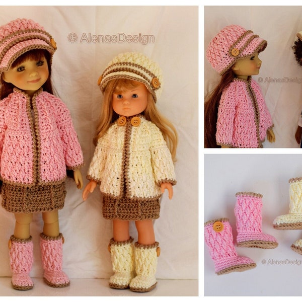 13 inch and 14.5 inch Doll Crochet Patterns 4 PC Set, Visor Hat, Jacket, Skirt, and Boots in two sizes