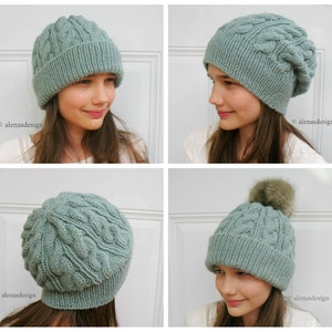 Cable Knit Hat Pattern, Cabled Hat Pattern, Slouchy Beanie