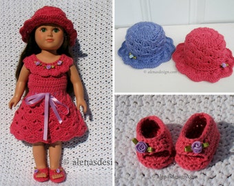 18 inch American Doll Clothes Crochet Patterns | Lace Dress, Sun Hat & Shoes