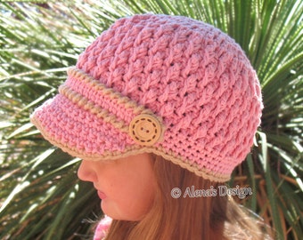 Crochet Pattern 093 Crochet Hat Pattern Crochet Patterns Two-Button Visor Hat Boys Girls Children Teens Adults Women Men Newsboy Cap Pink