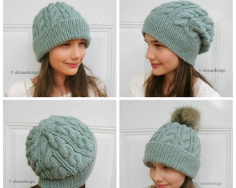 Cable Knit Hat Pattern, Cabled Hat Pattern, Slouchy Beanie Pattern, Hat Knitting Pattern 244