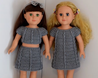 18 inch Doll Crochet Patterns Dress, Crop Top, Skirt for American doll, Gray Starlight Set