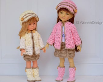4 PC Doll Set Crochet Patterns in two sizes, 13 inch and 14.5 inch Doll, Visor Hat, Jacket, Skirt, and Boots