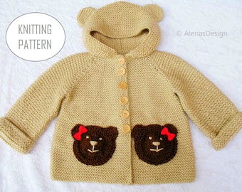 Knitting Pattern 239 | Baby Bear Hoodie Baby Hooded Jacket 3, 6, 12, 24 months Baby Toddler Sweater Knit Cardigan Pattern Bear Coat