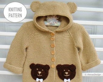 Baby Bear Hoodie Knitting Pattern 239 | Baby Hooded Jacket Knit Cardigan Pattern Baby Toddler Sweater 3, 6, 12, 24 months Bear Coat