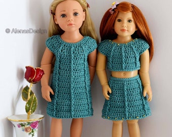 Dress, Crop Top, Skirt Crochet Patterns to fit slim 18-19.5 inch Doll like Kidz n Cats, Gotz Hannah, Happy Kidz, Jade Sparkle Set