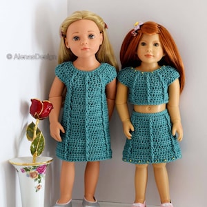 Dress, Crop Top, Skirt Crochet Patterns to fit slim 18-19.5 inch Doll like Kidz n Cats, Gotz Hannah, Happy Kidz, Jade Sparkle Set