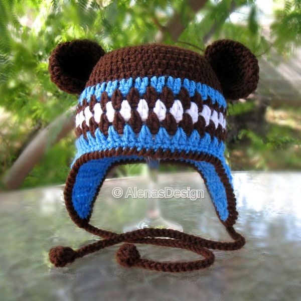 Brown Bear Hat Crochet Pattern 053 Hat with Bear Ears Ear Flap Hat Baby Boy Baby Girl Toddler Children Adult Winter Hat