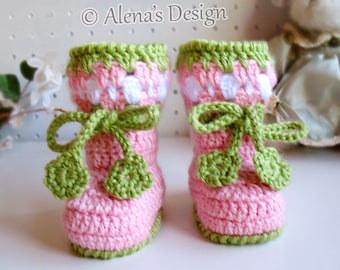 Crochet Pattern Blossom Baby Booties Cherries Booties Crochet Booties with Flower Slippers Baby Girl Baby Shower Gift Christmas Crochet