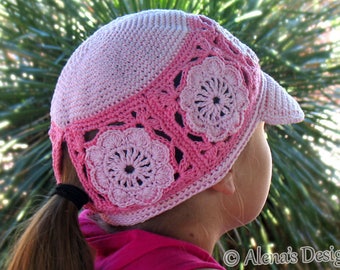 Crochet Pattern 196 Visor Ponytail Cap Hat Crochet Patterns Girls Ladies Child Adult Pink Hat Beanie Summer Visor Flower Motif