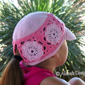 Crochet Pattern 196 Visor Ponytail Cap Hat Crochet Patterns Girls Ladies Child Adult Pink Hat Beanie Summer Visor Flower Motif image 1